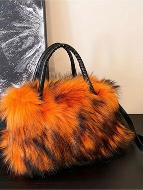 Orange Faux Fur Tote Bag with Black Handles